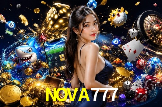 Una escena digital vívida inspirada en casino con NOVA777 mostrado prominentemente, luces brillantes, fichas, cartas y acentos dorados.