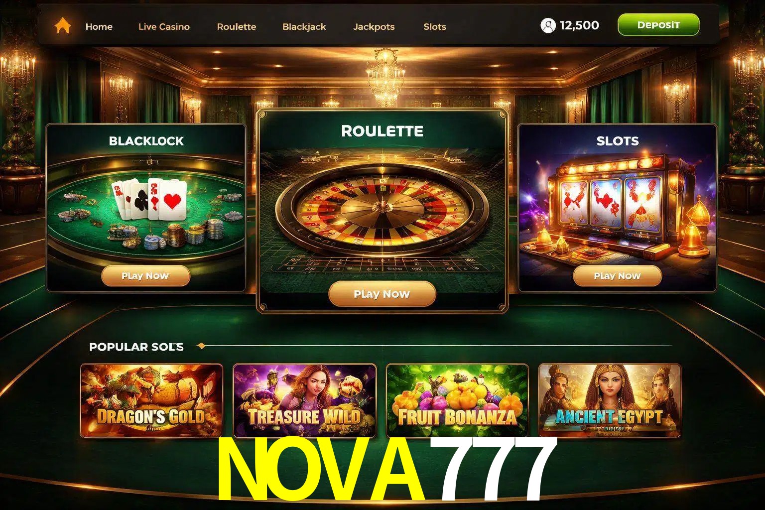 Vista de la plataforma NOVA777 Casino mostrando categorías organizadas de juegos en línea